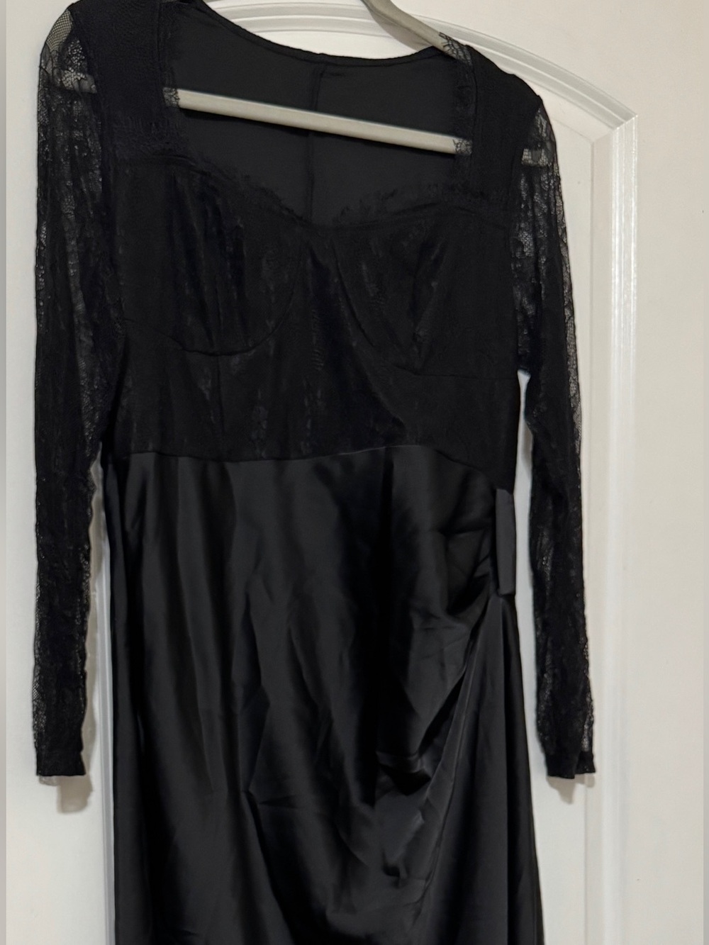 Black Long Sleeve Lace and Satin Evening Dress